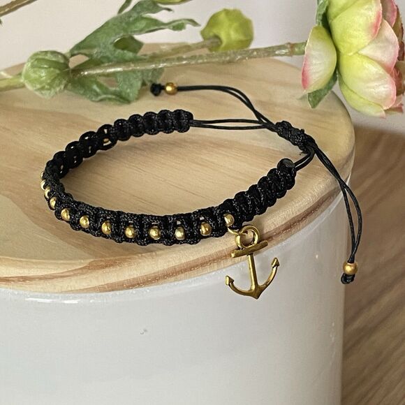 Other - Handmade Black Braided Charm Bracelet Women Mens  Anchor New